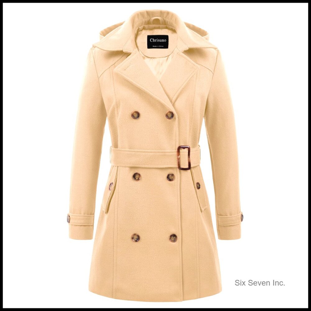 Double Breasted Pea Coat Hooded Long Winter Trench Coat 100% Polyester